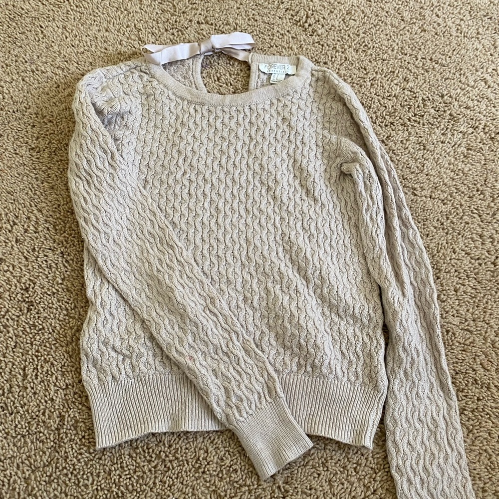 Cream brown knifed bow tie sweater Forever 21